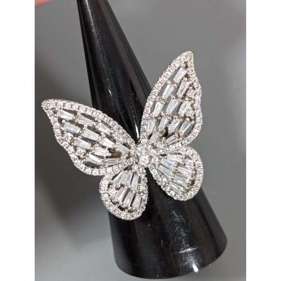 Silver Tone Baguette Rhinestone Butterfly Cocktail Ring Statement Size 7 - Picture 1 of 10